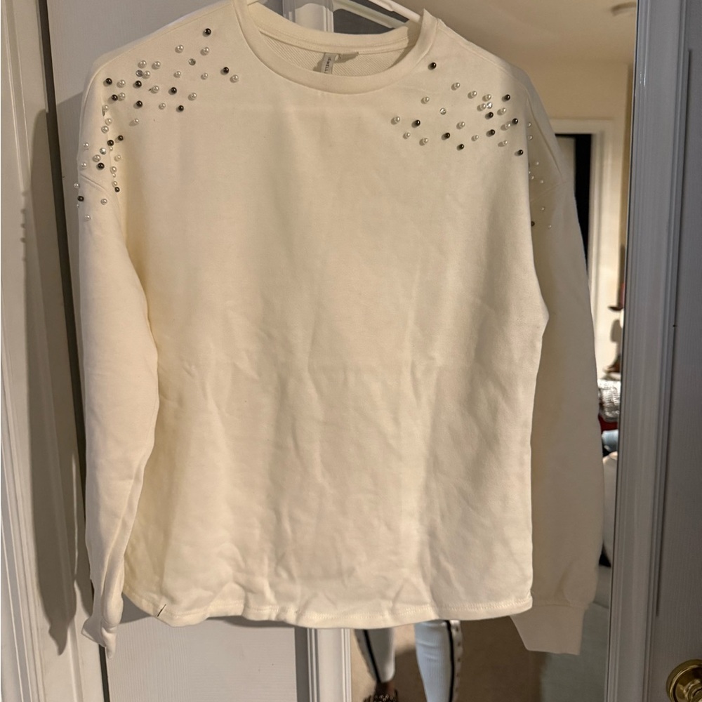 Cato Cream Crewneck Sweater with Shoulder Gems